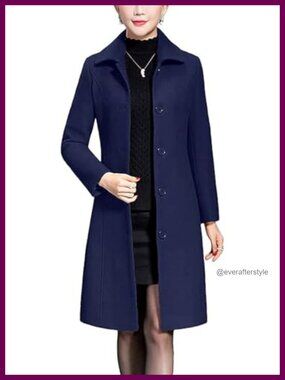 Women's Wool Trench Coat Winter Long Thick Overcoat Slim Fit Button Front